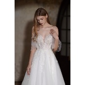 Robe de mariée Alizée T 44, ivoire avec broderie, perles, paillettes, épaules dénudées 