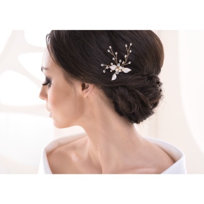 Barrette de mariage dorée perles, strass et feuilles 