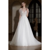 Robe de mariée Alizée T 44, ivoire avec broderie, perles, paillettes, épaules dénudées 