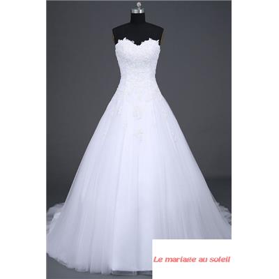 Robe de mariée Mila blanche tulle T 36, 38, 40, 42, 44, 46, bustier broderie dentelle
