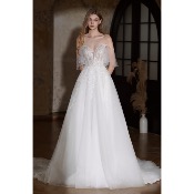Robe de mariée Alizée T 44, ivoire avec broderie, perles, paillettes, épaules dénudées 