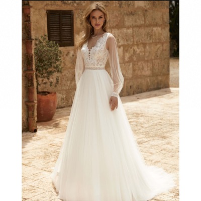 Robe de mariée Debora T 36 a 52 manches longues tulle, Bianco Evento