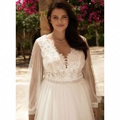 Robe de mariée Debora T 36 a 52 manches longues tulle, Bianco Evento