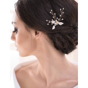 Barrette de mariage dorée perles, strass et feuilles 
