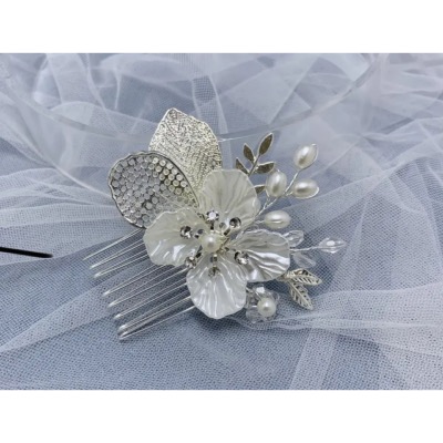 Peigne de mariage doré ou argenté feuilles et perles
