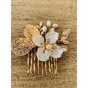 Peigne de mariée doré avec perles et fleurs ivoire