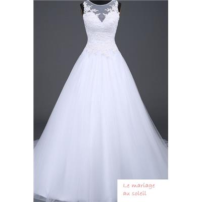 Robe de mariée Stéphany T 36, 40, 44, 48 blanche broderie tulle ceinture
